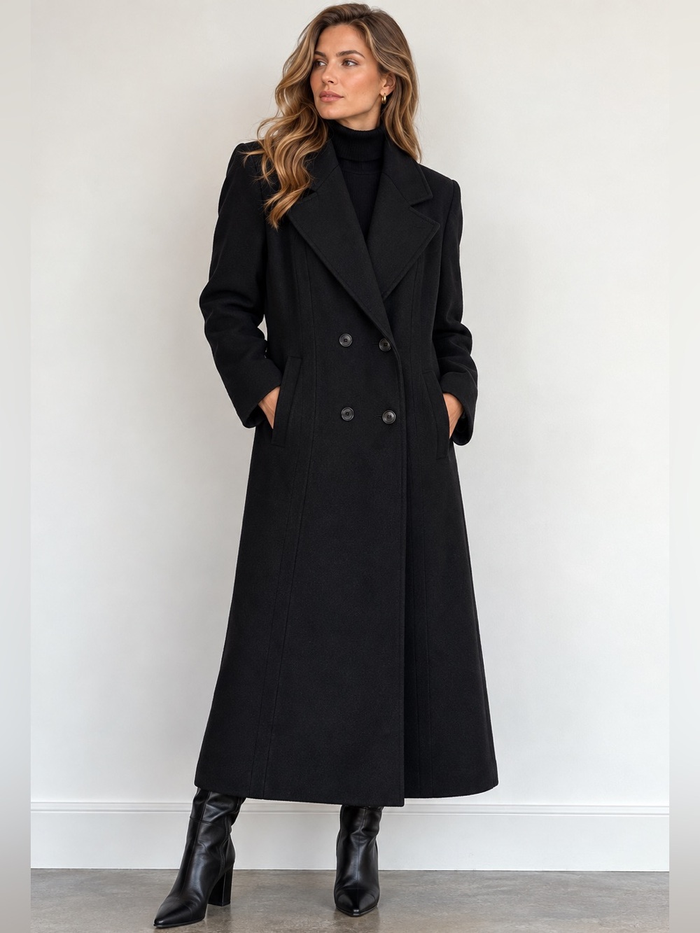 Vintage Simpsons Canada 100% Virgin Wool Black Double Breasted Long Coat